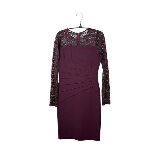 Ivanka Trump Dresses & Skirts - Deep Plum Sunburst Ruched Bodycon Dress Dark Vampy Romance Lace Sleeves Sz 2